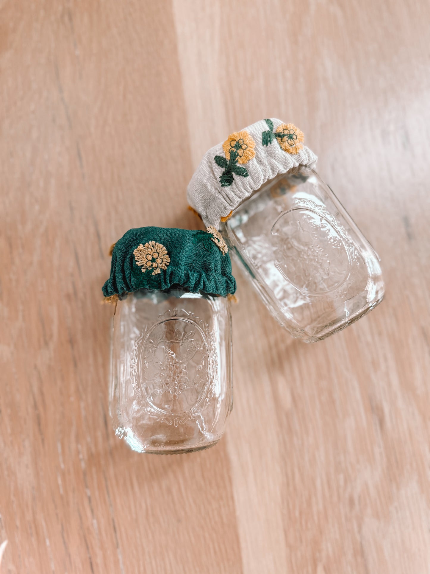2 Pack - Beige & Green Floral Embroidered Jar Covers (4in)