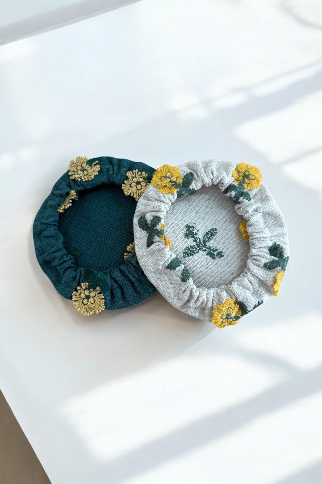 2 Pack - Beige & Green Floral Embroidered Jar Covers (4in)