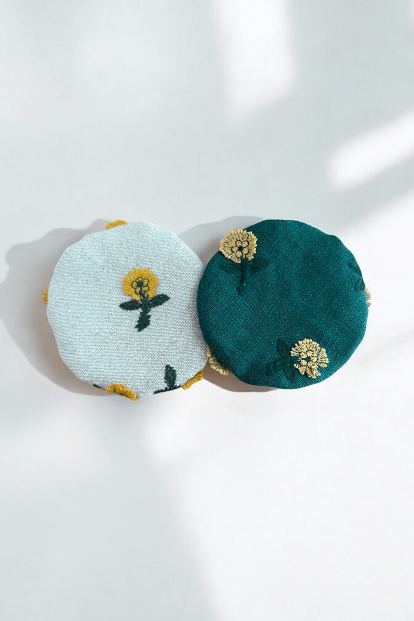 2 Pack - Beige & Green Floral Embroidered Jar Covers (4in)