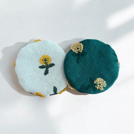 2 Pack - Beige & Green Floral Embroidered Jar Covers (4in)